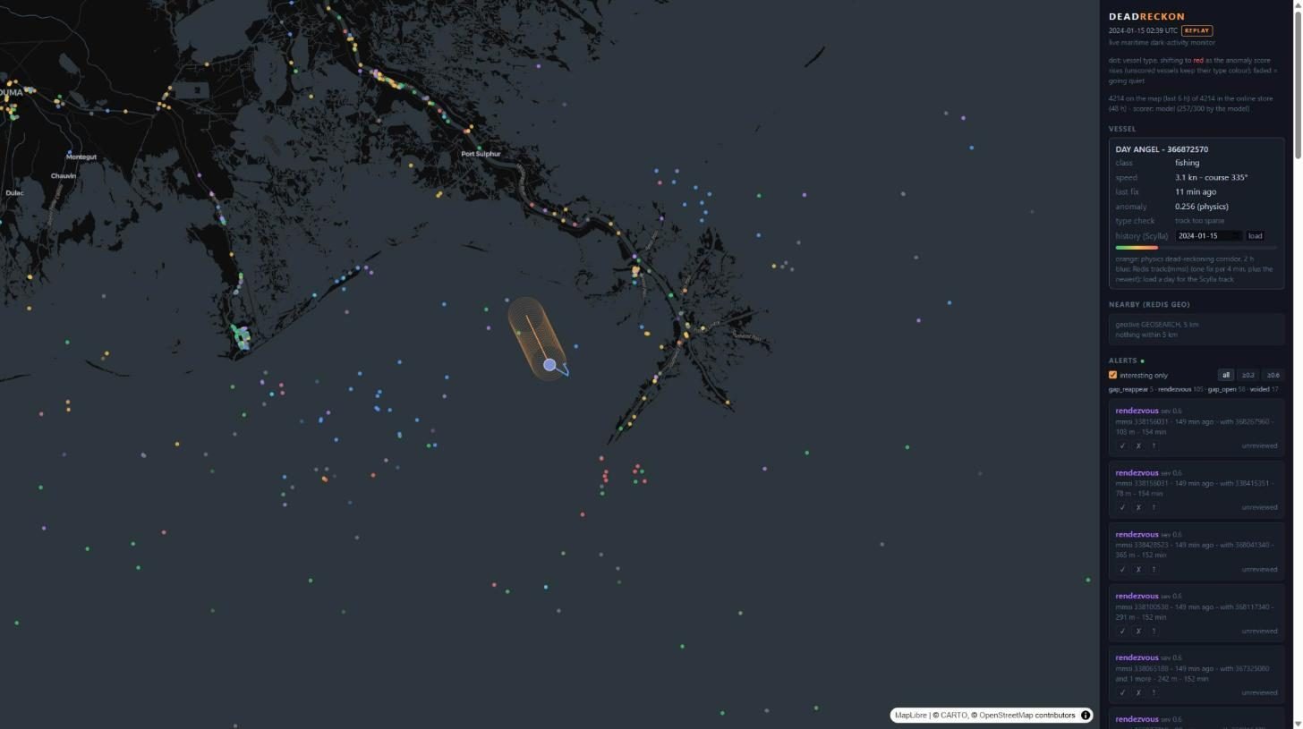 One selected vessel with its orange projected corridor, its blue Redis track and the Scylla history panel